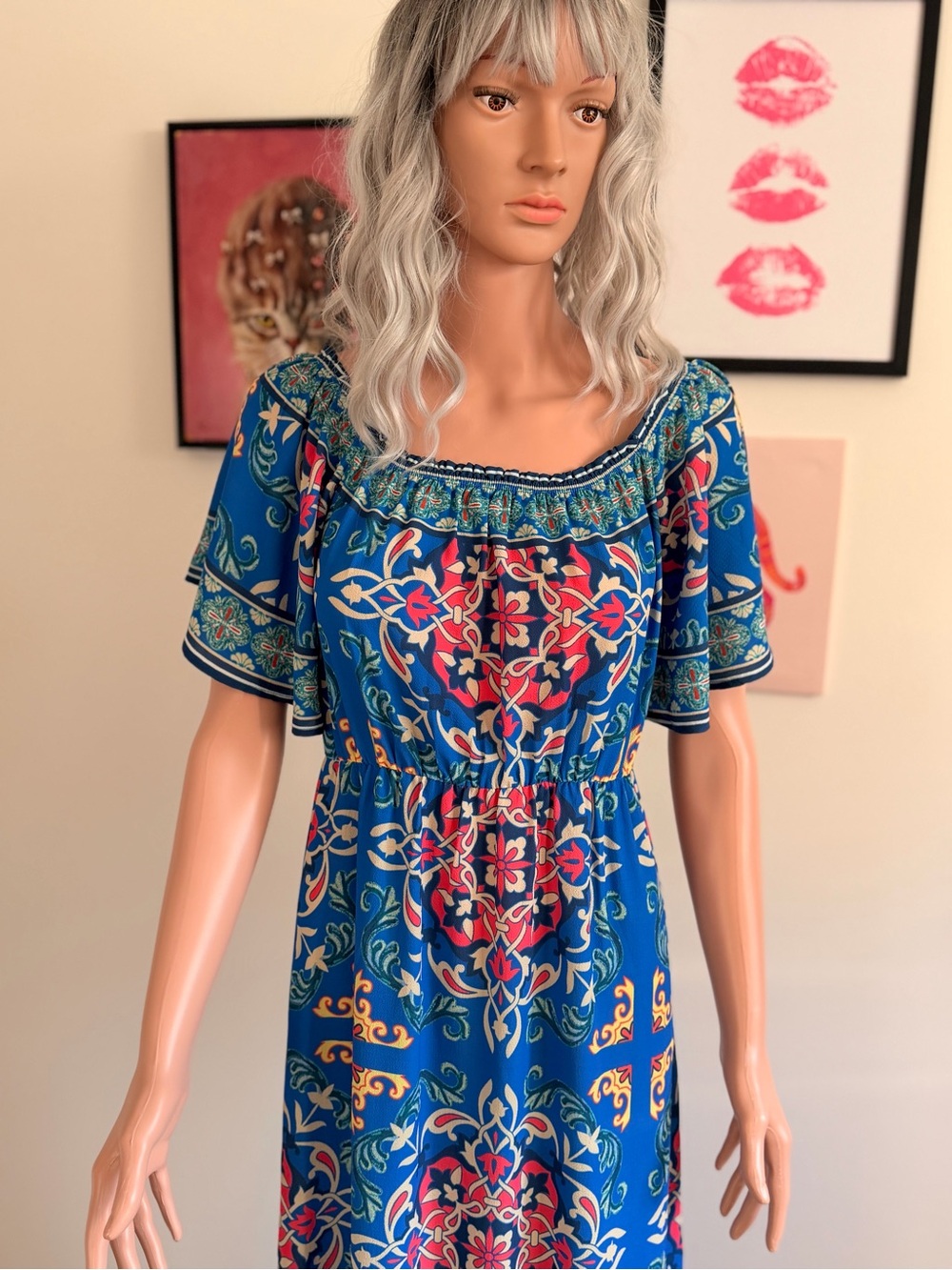 Flying Tomato Short Flutter Sleeve Blue Tile Print Maxi Dress S